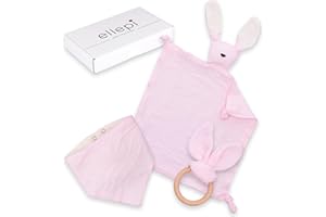 Ellepi Doudou Neonato Set Regalo Nascita Bio - Set Completo con Doudou, Bavaglino e Massaggia Gengive in Cotone Biologico per Neonati 0-3 Mesi (Rosa)
