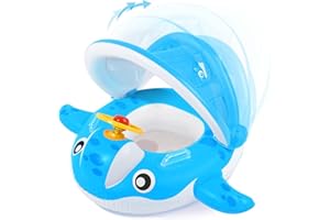 Peradix Piscina Salvagente per Bambini con Tettuccio Parasole Mutandina e Patch di Riparazione Baby Nuoto Anello Salvagente Regolabile Barca Gonfiabile Anello(Balena Blu)