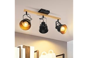 GBLY Foco de techo de 3 llamas, color negro: Lámpara de techo vintage giratoria de 350°, máx. 25 W, casquillo E14, estilo industrial, con vetas de madera, para salón, dormitorio(sin bombilla)