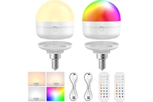 LGMCF E14 Rechargeable Light Bulb with Remote Timer and 15 Color Temperatures, 6W Dimmable Battery Backup Bulb for Sconces and Lamps, Detachable Charging RGB LED Bulb for Non Hardwired Lamps, 2 Pack