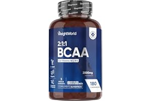 WEIGHTWORLD BCAA 2:1:1 Aminoácidos Esenciales 2000mg - 180 Comprimidos - Con Vitamina B12, B6 y Aminoácidos Ramificados L- Leucina, L- Isoleucina y L-Valina - Aptos para Veganos, Sin Gluten, Keto y para 3 Meses