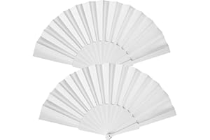 QKEINV 2 Pcs Folding Hand Fan Set, Folding Chinese Fan, White Fabric Hand Fans, Silk Fabric Plastic Ribs Handheld Fans for Dancing Cosplay Props Wedding Party Home Decorations Birthday Gifts