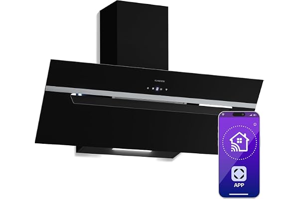 Klarstein BigBite Hotte Aspirante 90 cm - Hotte Décorative Inclinée, 417 m³/h, A+++, LED, 3 Vitesses & Boost, Filtre Charbon, Tactile, Recyclage ou Évacuation, Design Verre Noir