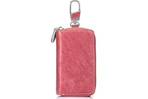 ESDREM Genuine Leather Key Case Car Key Wallet with 12 Hook Zip Around Keychain Holder for Men and Women (Pink)