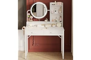 ODK Dressing Table with height-adjustable Mirror for 120-180 cm, LED Lights with Adjustable Brightness, Vanity Table with 2 fabric Drawers and 4 Open Compartments, 80×40×136cm, White
