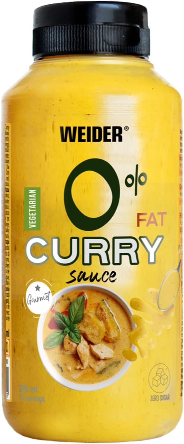 Weider Gourmet 0% Fat Curry Sauce (265 ml). Salsa Curry 0% Grasas, 0% Azúcar. Bajo en Calorias. Nueva Receta Mejorada. Ideal para dar sabor a tus platos.