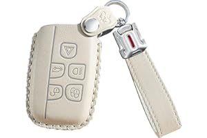 ontto Leather Car Key Fob Cover Keyring for Land Rover Defender Discovery Evoque LR4 Range Rover Sport Jaguar 5-Buttons accessories Key Case keychain Remote key Shell key Holder Protector Beige A