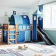 vidaXL Kids' Loft Bed with Slide and Tower - Blue Solid Pine Wood 80x200 cm - Safe Guardrails, Fun Curtains & Tunnel