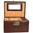 Stones Bridge Genuine Leather Jewellery Box for Women – Four Tray Vanity Box with Sliding Tray, Three-Digit Combination Lock, Mirror, Pocket &5 Compartments for Safe Jewelry Storage(Brown11X8X7Inches)