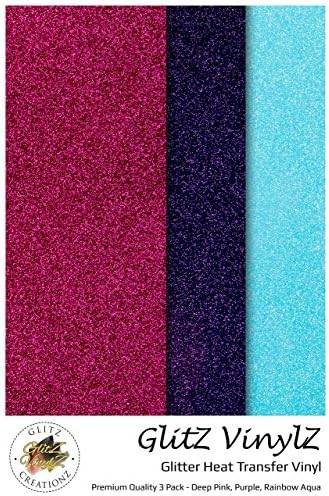 Deep Pink, Purple and Aqua Glitter HTV Heat Transfer Vinyl Sheets | 3 Pack Bundle | Cricut, Silhouette Cameo, Iron On Or Heat Press Machine | Make Amazing T Shirts | Exceptional Quality | GlitZ VinylZ Model 3G1 - Hand Packed in the USA - 25.6 cm X 24.4 cm (10 1/12 " X 9 5/8 ")