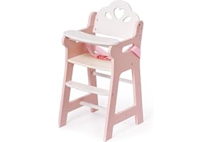 ROBOTIME Baby Doll High Chair, Pretend Play Wooden Dolls Furniture for Up to 18 Inch, with Safety Belt & Foodrest, Sturdy & Stylish Dolls Feeding Chair, Doll Accessory for Kids Aged 3+ (Pink)