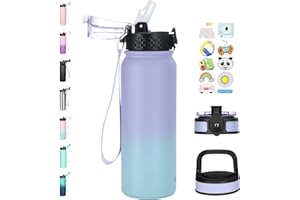 Goppus Bouteille d'eau Acier Inoxydable 600ml/20oz avec Paille Bouteille Sport Isolée Flacon Bouteilles d'eau en Métal Rabattables à Double Paroi Étanche pour les Sports de Gym avec 3 Couvercles