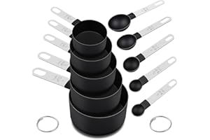 FONYA 10 Pieces Measuring Cups and Spoons Set ， 5 Measuring Cups / 5 Measuring Spoons Nesting Measure Cups with Stainless Steel Handle，for Dry and Liquid Ingredient （Black）