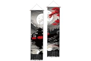 PLIGREAT 2 Pack Bosque de Montaña Tapiz Largo Estrecho, Silueta Estilo Paisaje Loft Vertical Colgante de Pared con Borlas Tapiz de Pared Estético para Dormitorio Sala de Estar