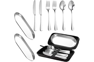 RICHDMI 8 Stück Camping Besteck Set, Outdoor Besteck, Camping Besteckset 2 Personen, Tragbares Edelstahl Outdoor Geschirr Set für Camping, Picknick und Reisen, mit Messer Gabel Löffel, Teller und Veranstalter