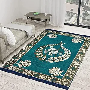 Linen Basics Designer Superfine Exclusive Velvet Chenille Carpet / Area Rug /Bedside Runner, Chenille Living Room Carpet, Durries in Krishna Style (Aqua Blue, 4.5 x 6 Feet)