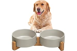 Lohofrnny Comedero Perro Gato, Cuencos de Comida Dobles con Soporte de Bambú, Cuencos de Comida Antideslizantes para Gatos y Perros, Cuenco de Ceramica para Agua Comida (850 ml, Gris)
