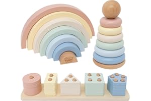 Nene Toys Juguete Montessori de Madera 3 en 1 para Bebés de 1 Año – Arcoíris de Madera, Torre Apilable y Juego de Encastre – Juguete Educativo 1–3 Años – Idea Regalo Niño Niña – Colores Pastel