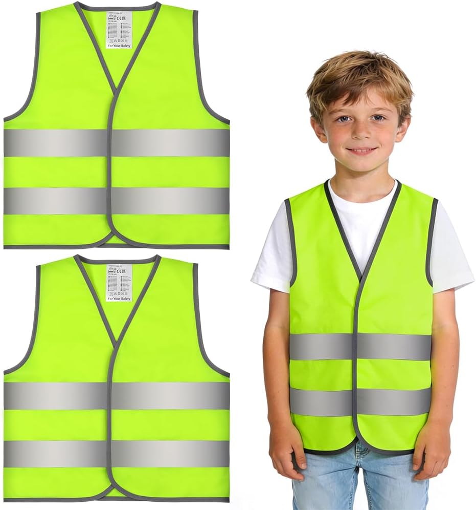 AYBUY Chalecos Reflectantes para Niños, 2 Piezas Chaleco de Alta Visibilidad para Niños, Chaleco de Seguridad Verde para Niños Carrera, Viajes Escolares, Ciclismo, Amarillo Fluorescente
