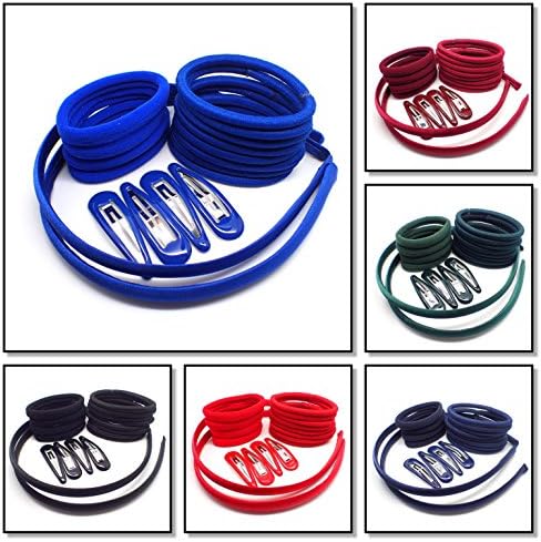 GIRLS SCHOOL HAIR ACCESSORIES: 18pc SET : Navy Blue, Red, Green, Royal Blue, Black, Burgundy: Headbands, hair clips, slides, elastic hairbands for Girls Kids Child