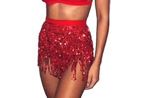 SINLOV Belly Dance Skirts Dancing Hip Tassel Scarf Belt Sequin Wrap Skirt Rave Costume for Women Girls (Light Blue)