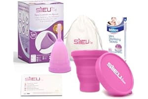 Copa Menstrual Sileu Cup Sport - Copa deportiva para deportes - 12 horas de protección sin fugas y pérdidas - Talla L Morado + Esterilizador Plegable al azar + 50 Pastillas Esterilizadoras Mini Milton