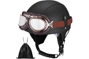 BDTOT Casque de Moto Vintage Cuir Retro Vintage Scooter Open Face Demi Casque de Cuir avec Lunettes Certifié ECE Bols pour Homme et Femme Adultes Demi-Casques avec Sac de Rangement