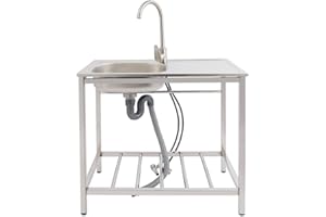 CUTYCATY Edelstahl Werkbank Spülbecken Freistehende Einzelbecken-Spüle, Mobile Spüle Edelstahl Küchenspüle, Multifunktions Waschtisch mit Wasserhahn, Spültisch für Outdoor und Camping (Modell A)