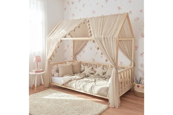 Baby Fancyroom Hussäng/himmelsäng, beige sänghimmel, dekorationsset för barnrum, barnsäng, baldakin, pompom-girlang av premiumtyll för hemmasängar, anpassbar (beige utan fjärilar, 380 cm)