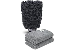 SOFTSPUN Microfiber Single Side 1 Piece Chenille Glove,1700 GSM Grey+20X30cm Cleaning Wipe 2Pcs | Multi-Purpose Super Absorbent and Perfect Wash Cleaning for Bike Auto,Cars Both Interior and Exterior