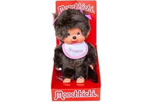 Sekiguchi 255550 - Original Monchhichi Mädchen, Plüschtier mit weiß-pinkem Lätzchen und Zöpfen mit Schleifen, ca. 20 cm großes Kuscheltier aus braunem Plüsch