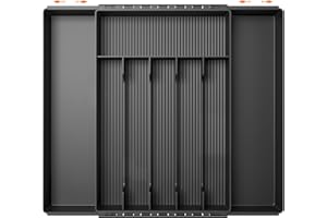 FERRGIA Organizador de Cubiertos,6-8 Compartimentos,Ancho de 21.6 a 38.8 cm,Organizador Cubiertos para Cajón Expandible,Cubertos para Cajon Cocina Extensible para Cucharas Tenedores Cuchillos,Negro