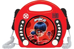 Lexibook, Miraculous Ladybug Cat Noir, lettore CD portatile con microfoni, lettore musicale, ripetizione e programmazione, karaoke, jack per cuffie, rosso, RCDK100MI