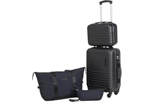 Fergana ABS, 20-Inch Carry-On Suitcase Set – Lightweight Hard Shell Cabin Luggage with Travel Duffel, Vanity Case & Toiletry Bag, Double Spinner Wheels, TSA Lock. (Black)