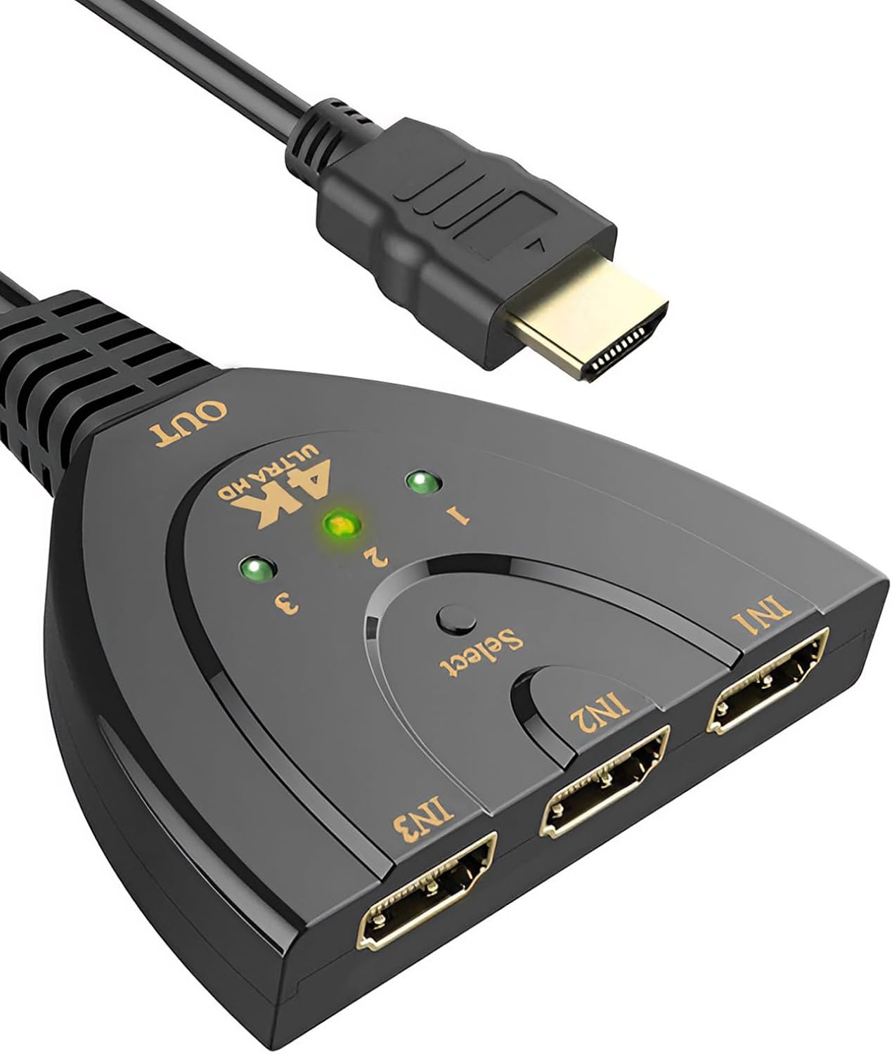 HDMI Switch 4K, Conmutador HDMI 3 Entradas 1 Salida, HDMI Splitter 4K con Cable Soportes UHD 1080P 3D HDR para TV PC Portátil Consolas BLU-Ray Proyector y TV Stick