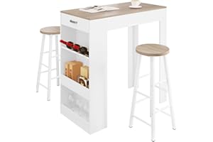 WOLTU Set Mesa de Bar y 2 uds, Taburete de Bar Muebles Cocina Silla de Comedor para Salon Cocina Mesa 100x50x100 cm Blanco+Roble Claro