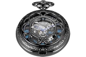Tiong No Battery Black Style Mechanical Pocket Watch, Vintage Mechanical Pocket Watches Roman Numerals with Case and Chain for Men