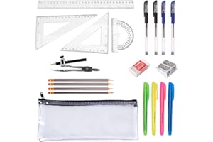 Belegao 20pcs Stationary Set, Maths Set Back to School Supplies Rulers, Pencils, Pens, Highlighters, Eraser, Metal Sharpener, Compass, Pencil Case for Primary Secondary Classroom, Home, Office