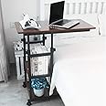 Vordern Snack Side Table, Mobile End Table Height Adjustable Bedside Table Laptop Rolling Cart C Shaped TV Tray with Storage Shelves for Sofa Couch (Dark Walnut)