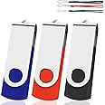 USB Memory Stick 64GB 3 Pack USB2.0 Thumb Pen Drive Swivel Design Fold Storage (Black/Blue/Red With Lanyard)