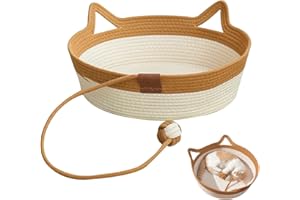 WUMEIJIAJU Cotton Rope Cat Bed Basket, Woven Cat Bed with Scratching Ball Toy, Sleeping Nest Scratcher Mat for Kitten Puppy Small Cats & Dogs, Medium