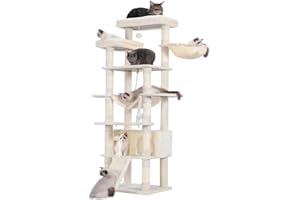 Heybly Arbre à Chat, Hauteur 200 cm, avec 11 Griffoirs, 2 Plate-Forme, 1 Planche à Griffer, Niche, Panier, Hamac, 3 Pompons, Multi-Niveaux pour Chat d'Intérieur, Beige HCT033M