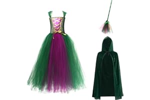 IBTOM CASTLE Halloween Costume Witch Dress for Girls, Kids Sarah Winifred Mary Sanderson Cosplay Princess Tutu Skirt + Witch Broom Hat/Cloak Full Set Carnival Maleficent Fancy Dress Up