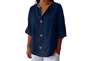 HRJXFPT Plus Size 3/4 Sleeve Linen Tops for Women UK Summer V Neck Mid Long Sleeve Tops Ladies Casual Loose Vacation Beach Solid Color down Blouses Tunic T Shirts Cheesecloth Clothes Daily Essential Gifts