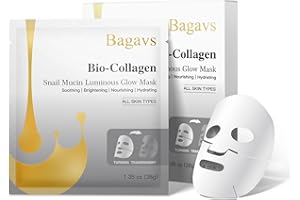 Bagavs Bio-Collagen Snail Mucin Luminous Glow Mask, Collagen Face Mask Hydrating, Soothing, Brightening, Moisturizing for Radiant Skin, Pack of 4