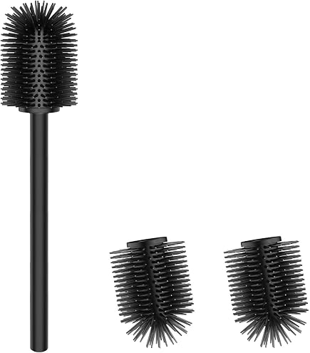Lindoya Set Ricambio Scopino WC: 1 Manico In Acciaio Inox Nero + 2 Testine In Silicone, Intercambiabili E Asciugatura Rapida