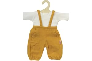 Heless 1415-Vestiti 100% Cotone Biologico, Set di 2 Pezzi con Salopette in Giallo Miele e Maglietta Bianca per Bambole e Peluche di Dimensioni 28-35 cm, Colore Yellow, Green, 1415