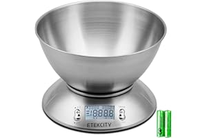 ETEKCITY Bilancia Cucina Digitale, Elettronica in Acciaio Inossidabile 5kg/ 11lb con Ciotola Rimovibile, Funzione Tare, Timer Allarme, Indicatore Temperatura, Display LCD, Argento