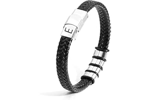 SAMINO Bracelets for Men,Black Leather 26 Initial Bracelet For Man Stainless Steel A-Z Letter Charm Woven Bracelet Christmas Gifts for Dad Grandad Boyfriend Son Brother