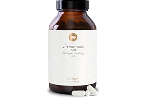 ‎SUNDAY NATURAL SUNDAY NATURAL® Pure Vitamin C Hochdosiert – Reines Vitamin C 1000mg pro Kapsel – Hochwertige Ascorbinsäure mit ≥ 99 % Reinheit - 240 vegane Kapseln – Laborgeprüft, ohne unnötige Zusätze